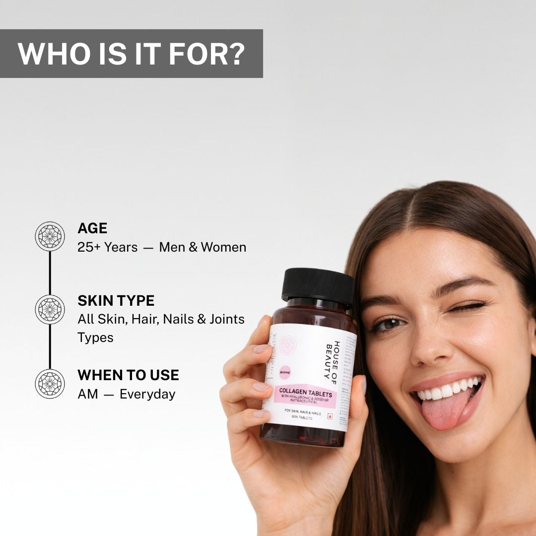 Woman holding House of Beauty Collagen Tablets bottle, suitable for men and women 25+ for skin, hair, nails and joint support.