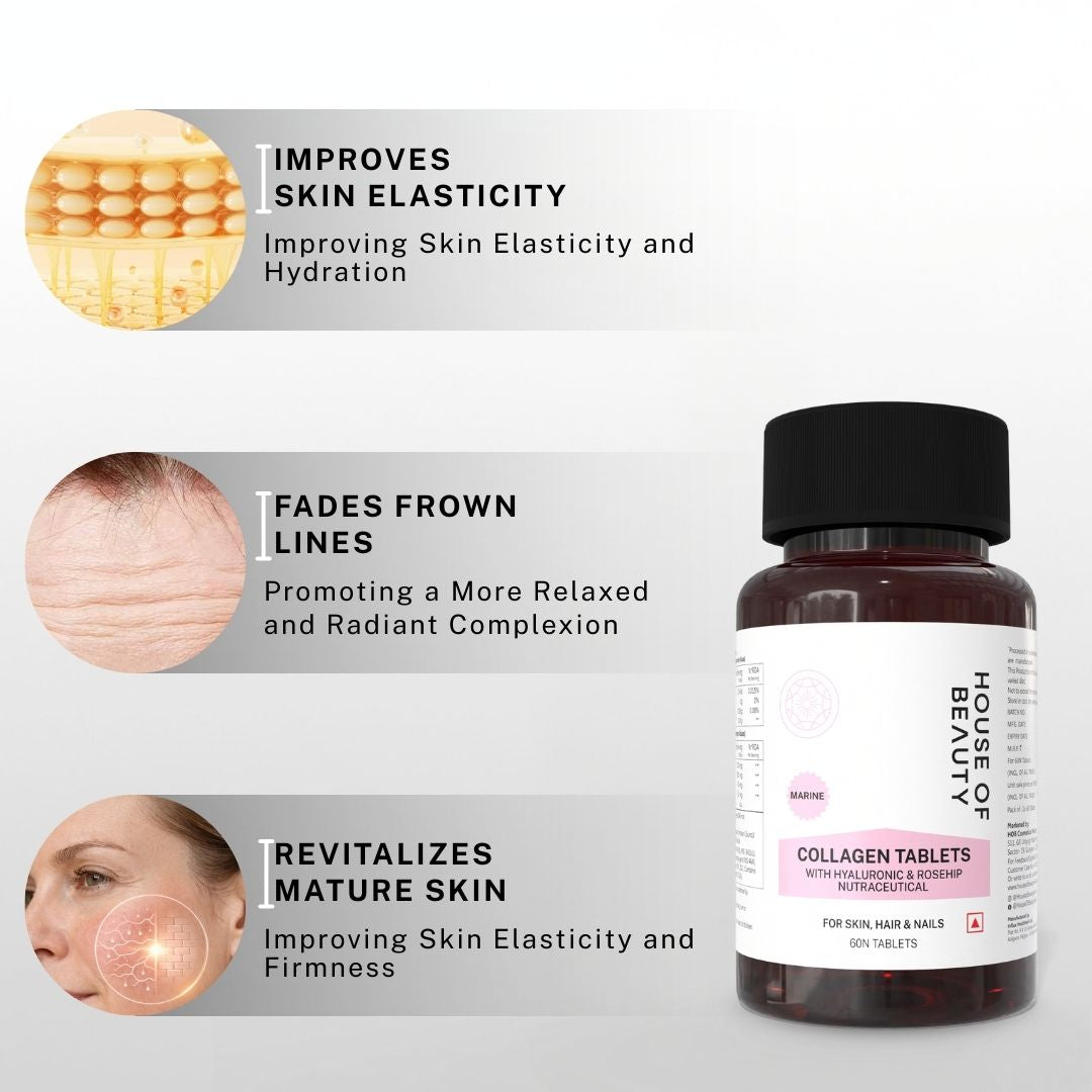 House of Beauty Marine Collagen Tablets promoting improved skin elasticity, reduced fine lines and revitalized mature skin.