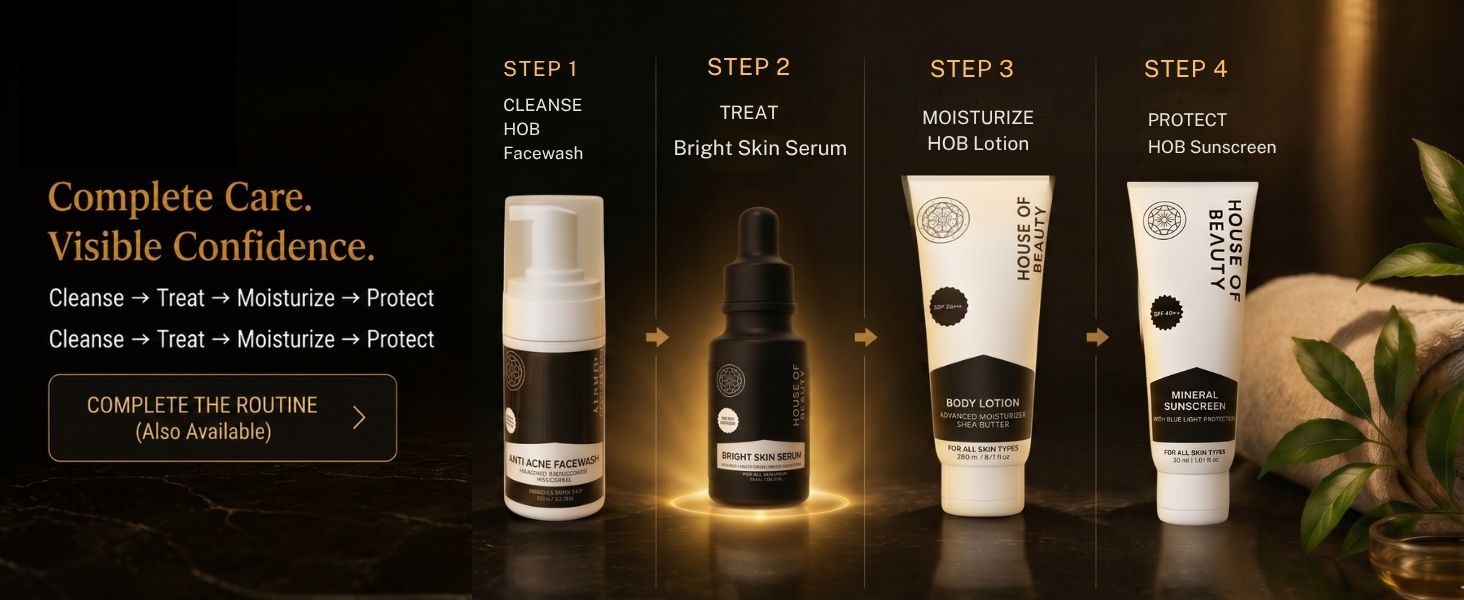 Four-step skincare routine featuring House of Beauty Facewash, Bright Skin Serum, Body Lotion, and Sunscreen for cleansing, treatment, moisturization, and protection.
