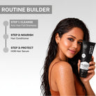 Beauty model holding House of Beauty Anti Hairfall Shampoo alongside a 3-step haircare routine including cleanse, nourish, and protect steps.