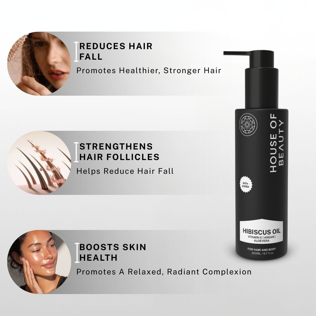 Hibiscus oil benefits showing reduced hair fall, strengthened hair follicles and improved skin and scalp health.
