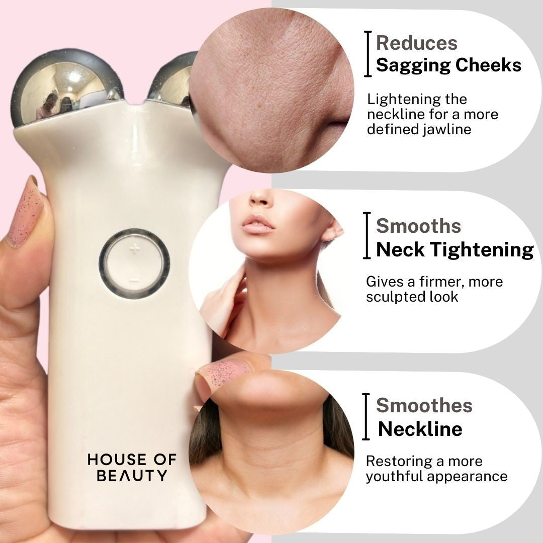 House of Beauty microcurrent face lift device shown close-up, highlighting benefits: reduces sagging cheeks for a defined jawline, smooths and tightens the neck for a firmer look, and improves neckline for a youthful appearance.