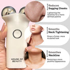 House of Beauty microcurrent face lift device shown close-up, highlighting benefits: reduces sagging cheeks for a defined jawline, smooths and tightens the neck for a firmer look, and improves neckline for a youthful appearance.