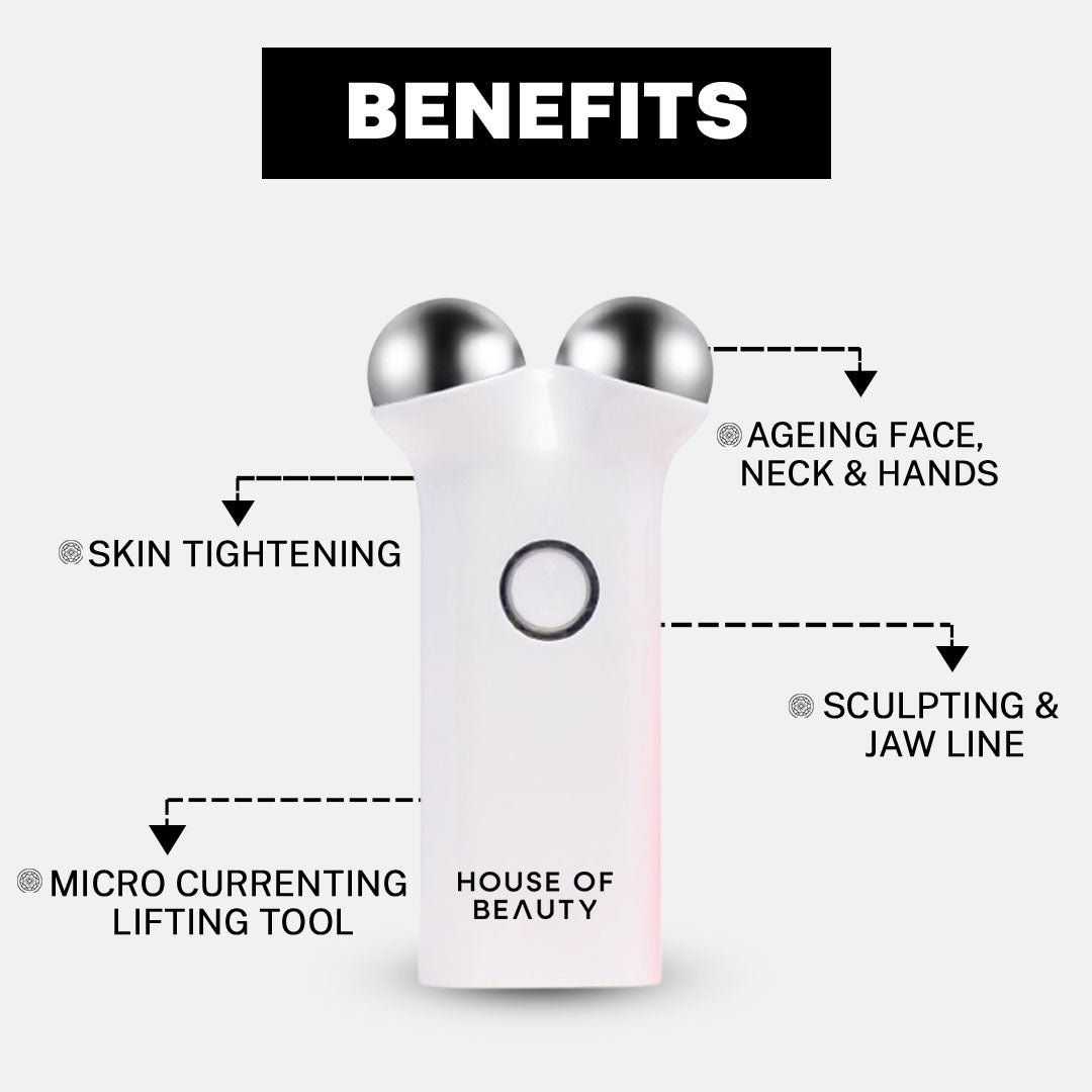 House of Beauty face lift microcurrent tool with labeled benefits: skin tightening, sculpting and jawline definition, treating aging signs on face, neck, and hands, and advanced microcurrent lifting technology.