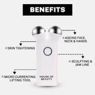 House of Beauty face lift microcurrent tool with labeled benefits: skin tightening, sculpting and jawline definition, treating aging signs on face, neck, and hands, and advanced microcurrent lifting technology.