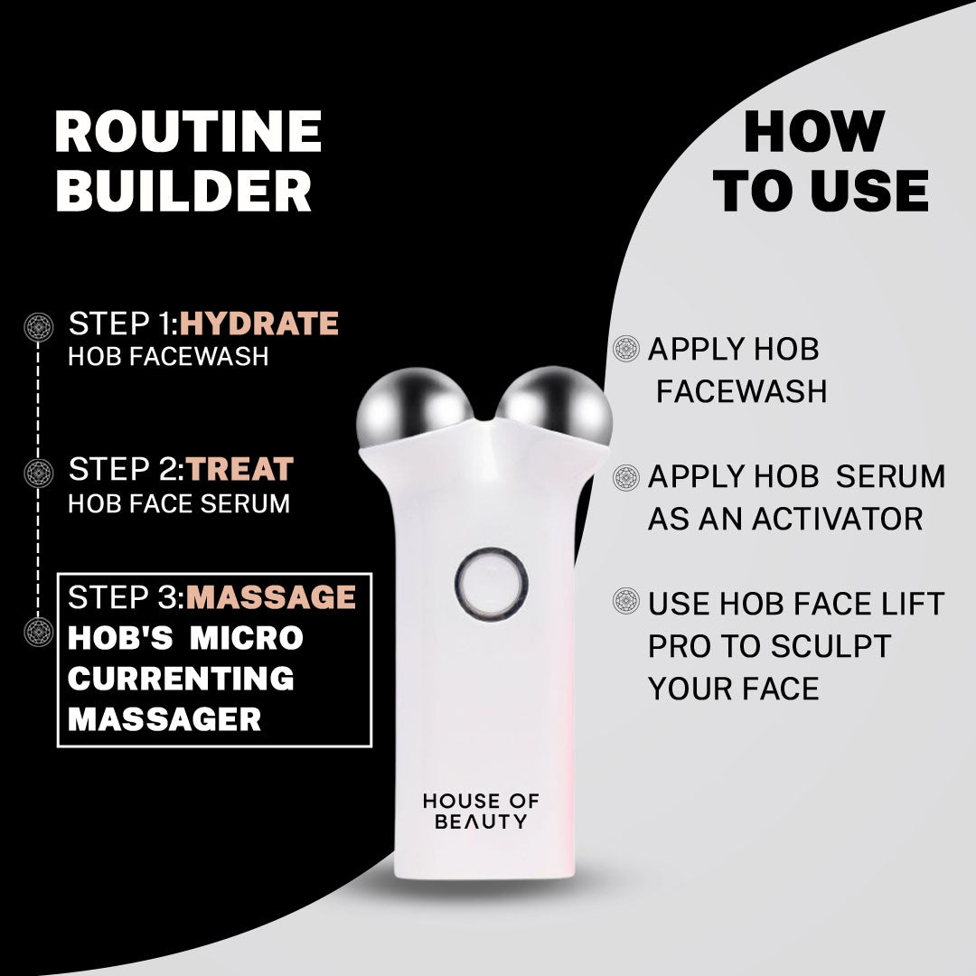 Step-by-step guide to using the House of Beauty Face Lift Pro Massager: Step 1 – Hydrate with HOB facewash, Step 2 – Apply HOB serum, Step 3 – Massage with the microcurrent device to sculpt the face.
