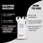 Step-by-step guide to using the House of Beauty Face Lift Pro Massager: Step 1 – Hydrate with HOB facewash, Step 2 – Apply HOB serum, Step 3 – Massage with the microcurrent device to sculpt the face.
