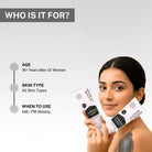 Woman holding House of Beauty De-Tan Mask with text indicating suitability for men and women aged 16+, for all skin types, for weekly AM or PM use.