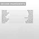 Ingredient list of De-Tan Face Mask including fuller earth, almond oil, charcoal powder, kaolin clay, kojic acid, alpha arbutin, glycerin, and licorice with skincare benefits.