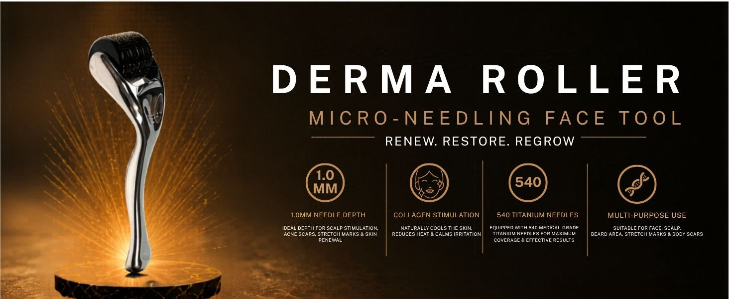 Premium stainless steel derma roller with 540 titanium needles and 1.0mm needle depth. Designed for collagen stimulation, scalp stimulation, acne scar reduction, skin renewal, beard growth support, and stretch mark treatment. Suitable for face, scalp, and body use.