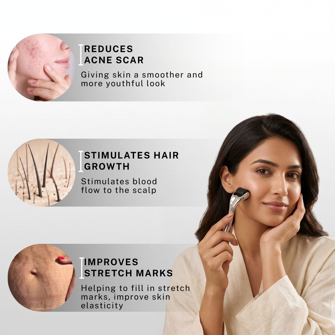 Woman using the House of Beauty 1.5mm derma roller with visuals describing benefits such as acne scar reduction, stimulated hair growth, and improved stretch marks and skin elasticity.