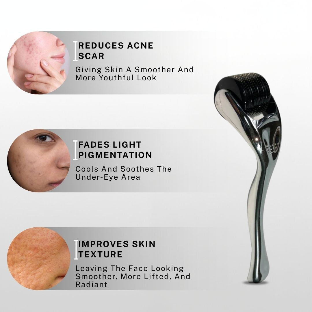 House of Beauty derma roller displayed alongside skin concern visuals highlighting acne scar reduction, pigmentation fading, and smoother skin texture.