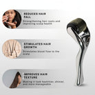 House of Beauty hair derma roller displayed with visuals highlighting reduced hair fall, stimulated hair growth, and improved hair texture and scalp circulation.