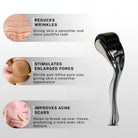 House of Beauty 0.25mm derma roller displayed with visuals describing wrinkle reduction, pore refinement, and improvement in acne scars and uneven skin texture.