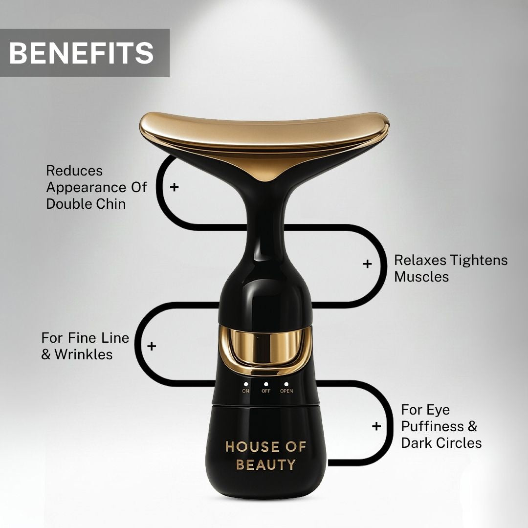 Double chin massager benefits showing reduced double chin, tighter skin, fewer wrinkles and reduced eye puffiness