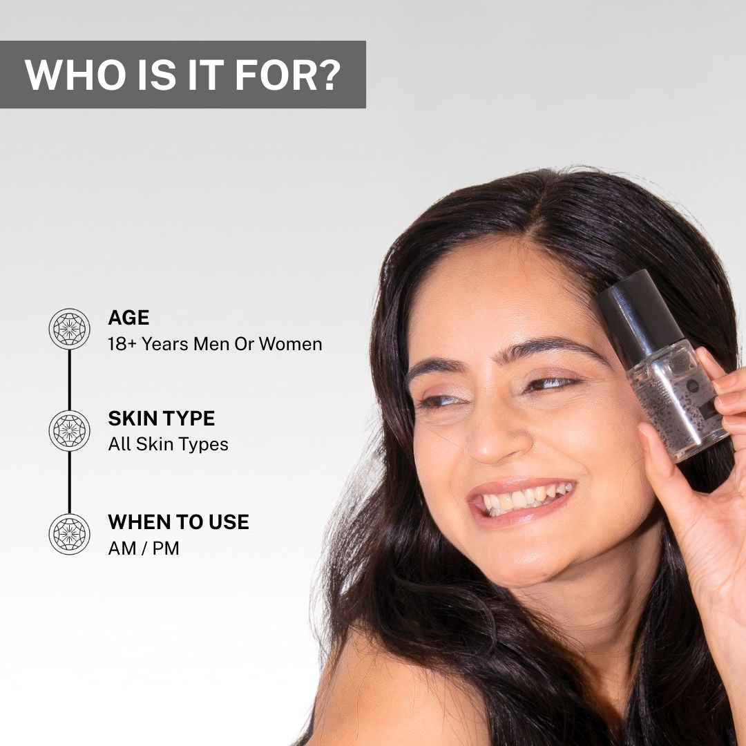 Woman holding House of Beauty exosome serum suitable for men and women aged 18 plus for AM and PM skincare routine.