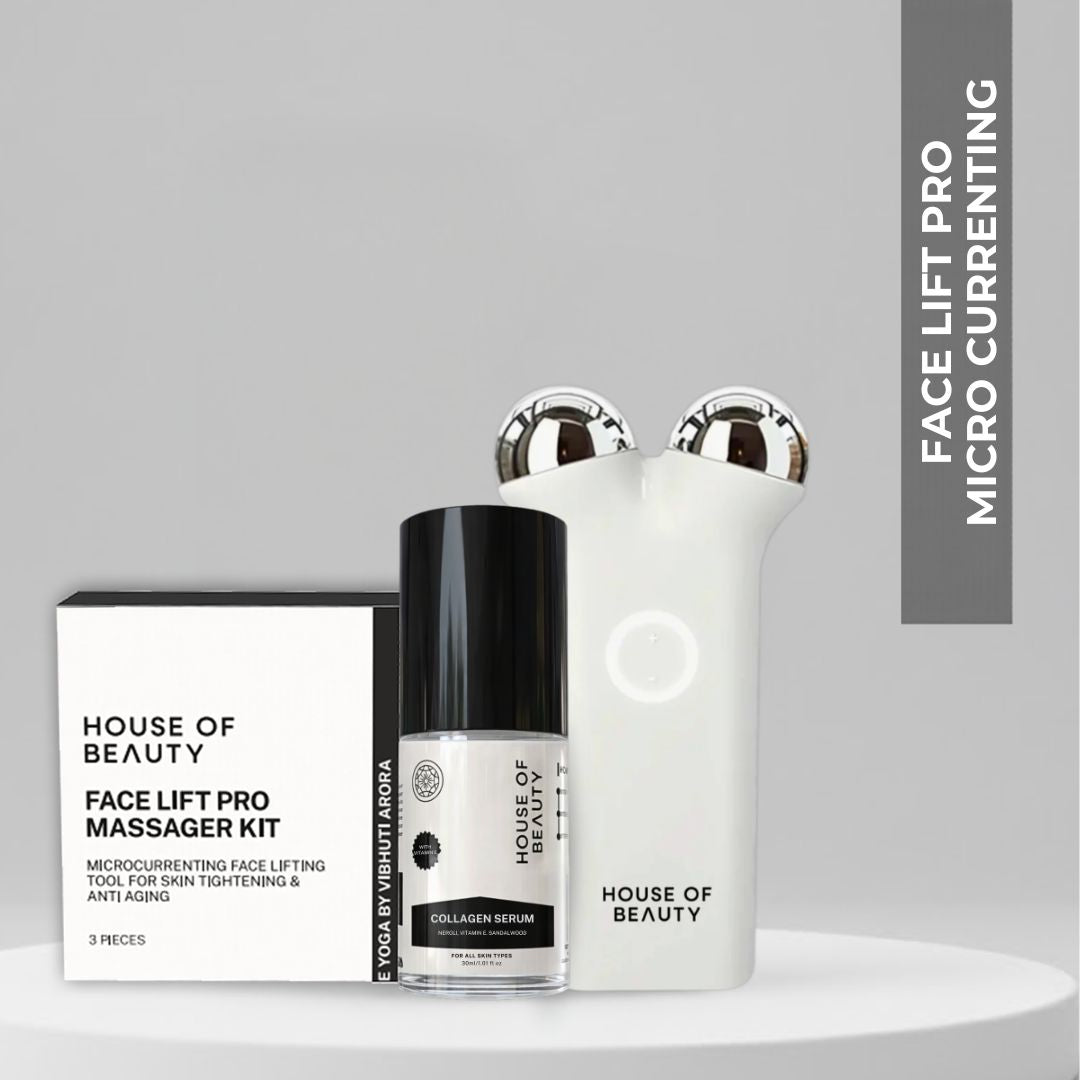 House of Beauty Face Lift Pro massage kit with serum and massager on a gray background