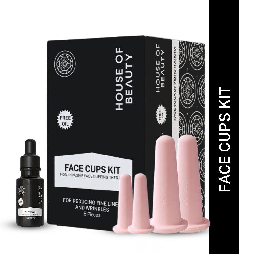 House of Beauty Face Cups used for face lifting and rejuvenation. The image shows the cups gently applied to the face, promoting blood circulation and enhancing skin texture. These cups are safe, non-toxic, and odorless, designed to reduce fine lines, improve facial contours, and activate the lymphatic system for a firmer, more youthful appearance.