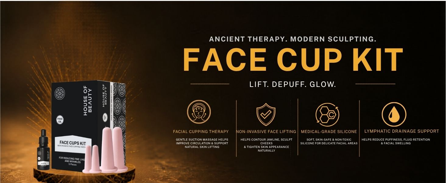 House of Beauty Face Cup Kit featuring medical-grade silicone facial cups designed to support lymphatic drainage, reduce puffiness, improve circulation, and promote a naturally lifted and sculpted appearance.