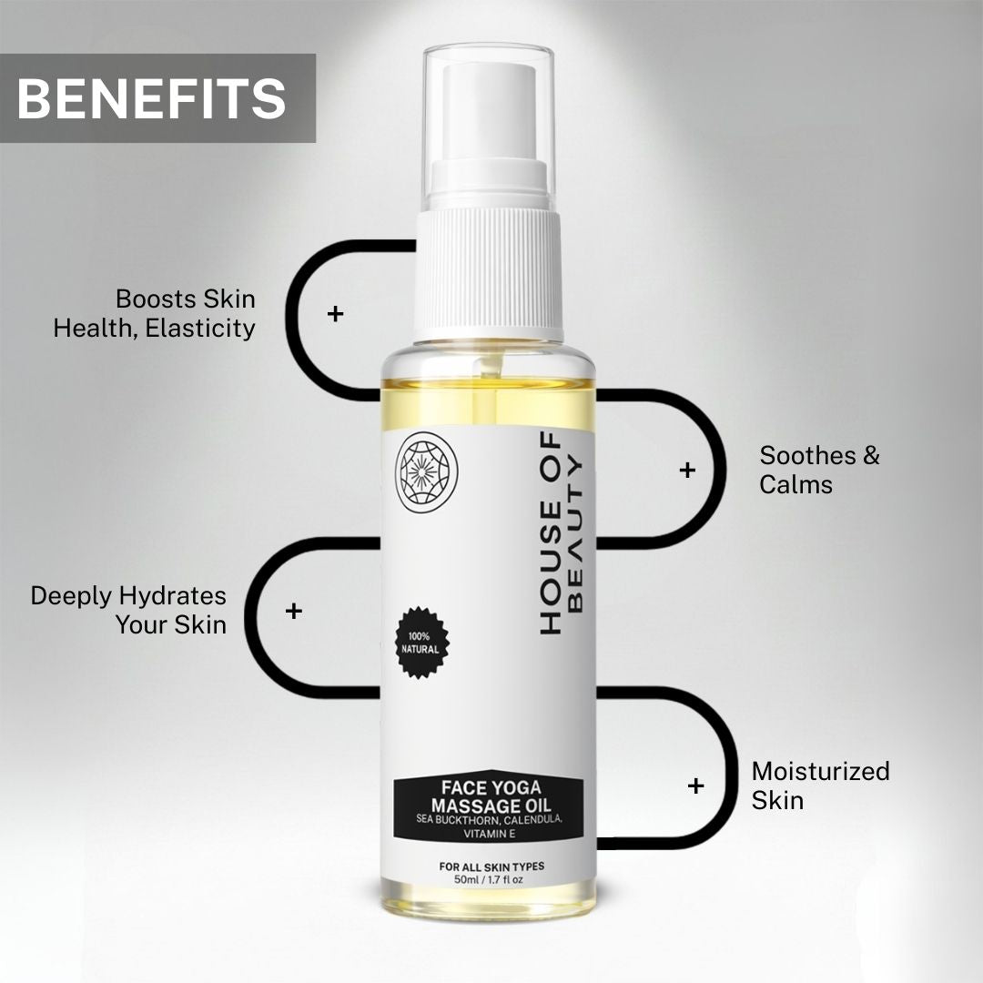 Benefits of House of Beauty Face Yoga Massage Oil showing deep hydration, improved skin elasticity, soothing and moisturizing effects.