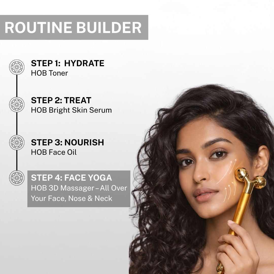 Skincare routine using face massager with toner, serum, face oil and massage for lifting, contouring and glowing skin