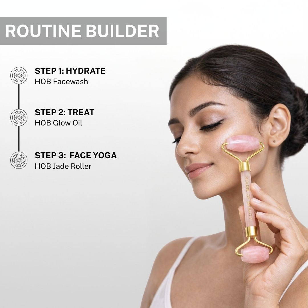 woman using rose quartz roller with face oil for face yoga glowing radiant skin routine