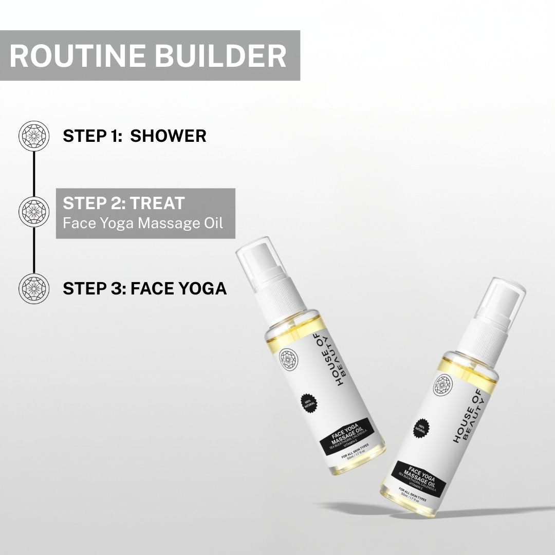 House of Beauty Face Yoga Massage Oil used in skincare routine including shower, facial oil treatment and face yoga massage.