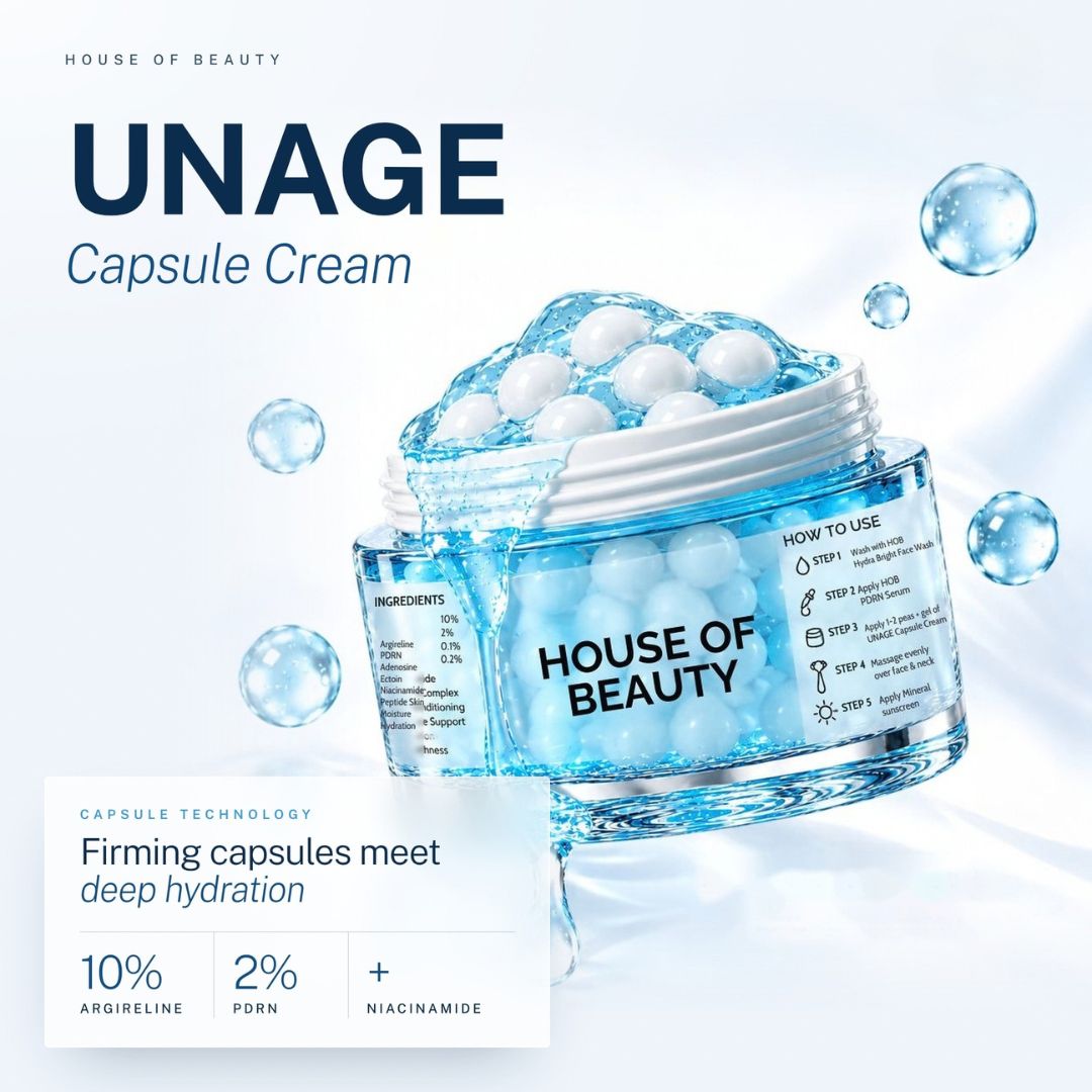 House of Beauty UNAGE Capsule Cream with white capsules suspended in blue hydrating gel.