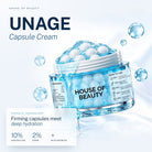 House of Beauty UNAGE Capsule Cream with white capsules suspended in blue hydrating gel.
