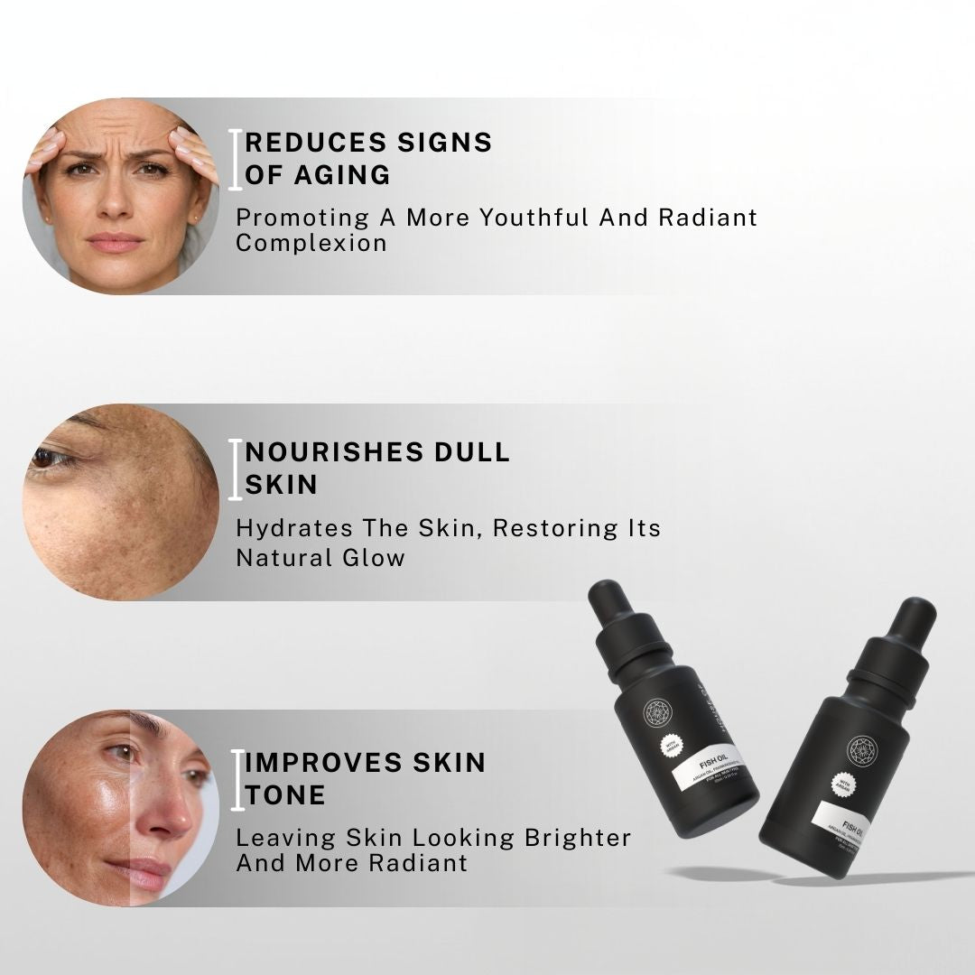 Fish oil face serum helping reduce signs of aging, nourish dull skin and improve skin tone for brighter healthier skin.