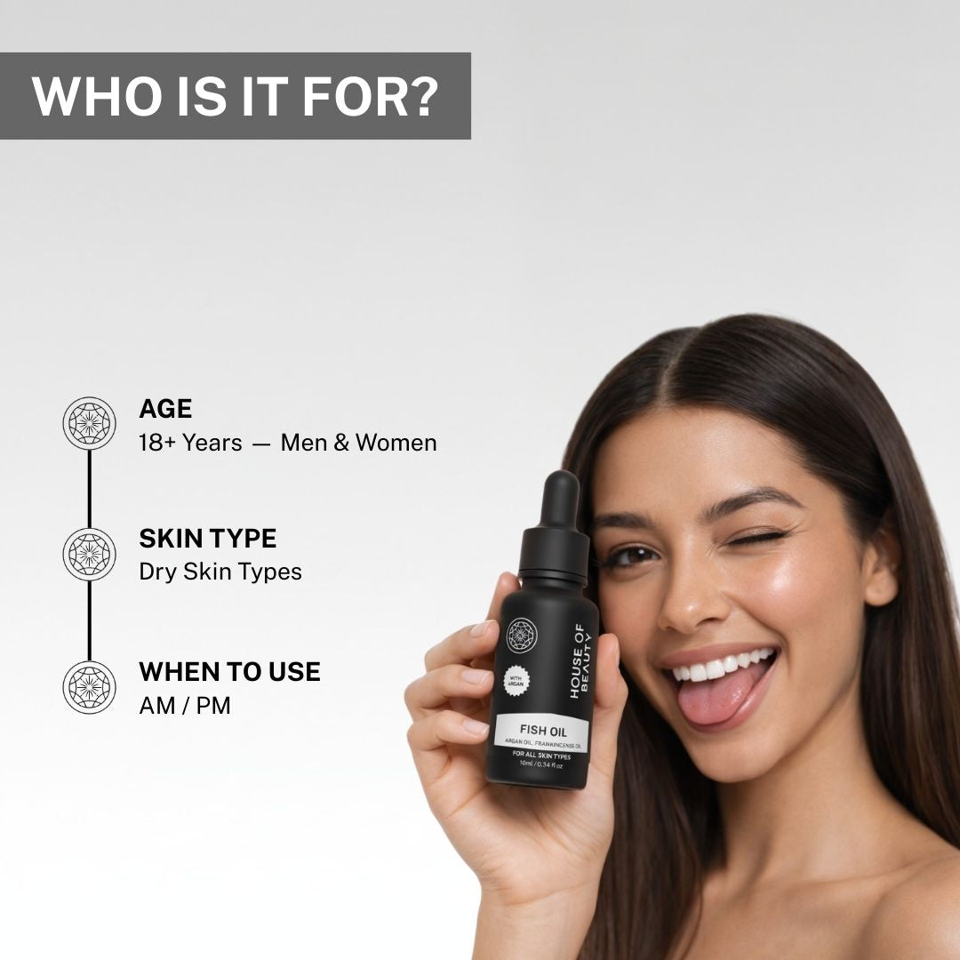 Woman holding House of Beauty fish oil face serum suitable for adults with dry skin types for morning and night skincare routine.