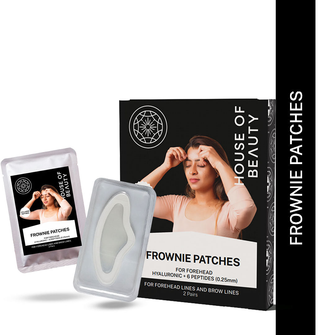 House of Beauty Frownie Patches packaging and product displayed. A woman is shown applying a patch to her forehead. The set includes the main box, a sachet, and the patch tray, highlighting the anti-aging skincare product for forehead and brow lines.