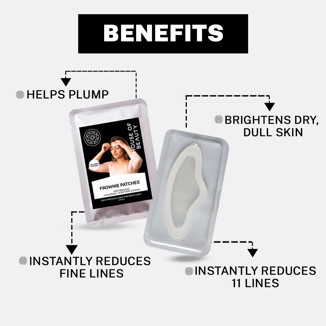 Frownie Patches product image with key benefits listed: helps plump skin, brightens dry and dull skin, instantly reduces fine lines, and instantly reduces 11 lines. The packaging and patch tray are shown on a clean white background.