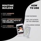 Step-by-step guide showing how to use Frownie Patches: Step 1 – Hydrate with HOB Facewash, Step 2 – Peel off and paste the patch on the forehead, Step 3 – Remove and apply hyaluronic serum. Product image is displayed alongside the routine steps.