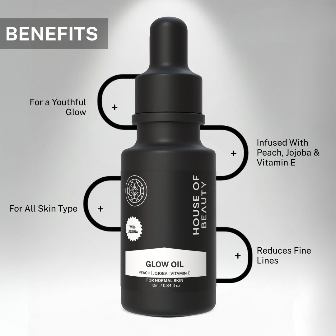 Infographic showing House of Beauty Glow Oil benefits – for a youthful glow, infused with Peach Jojoba and Vitamin E, for all skin types, and reduces fine lines