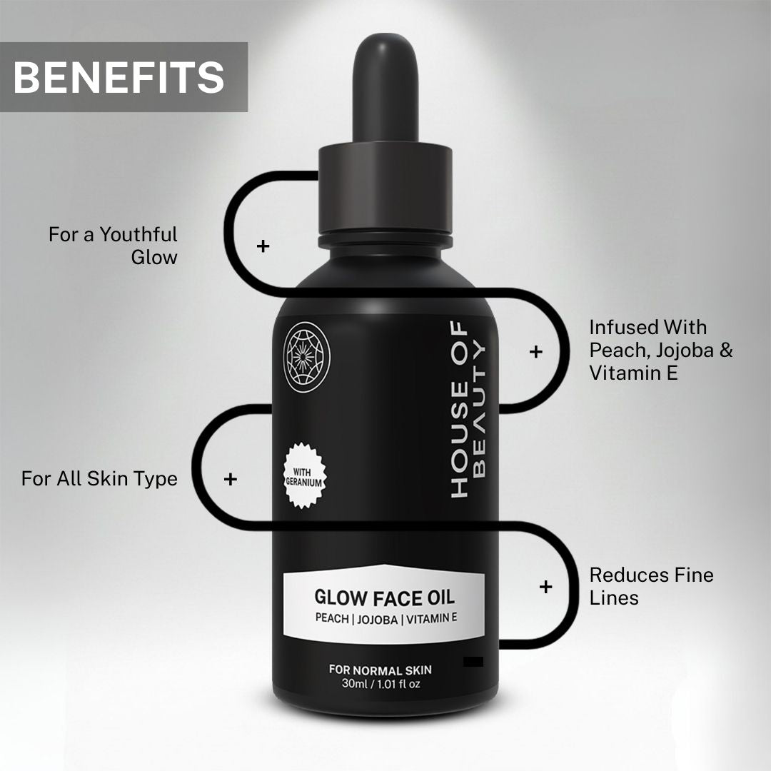 House of Beauty glow face oil benefits showing youthful glow, nourishment with peach oil, jojoba oil and vitamin E, and reduction of fine lines.
