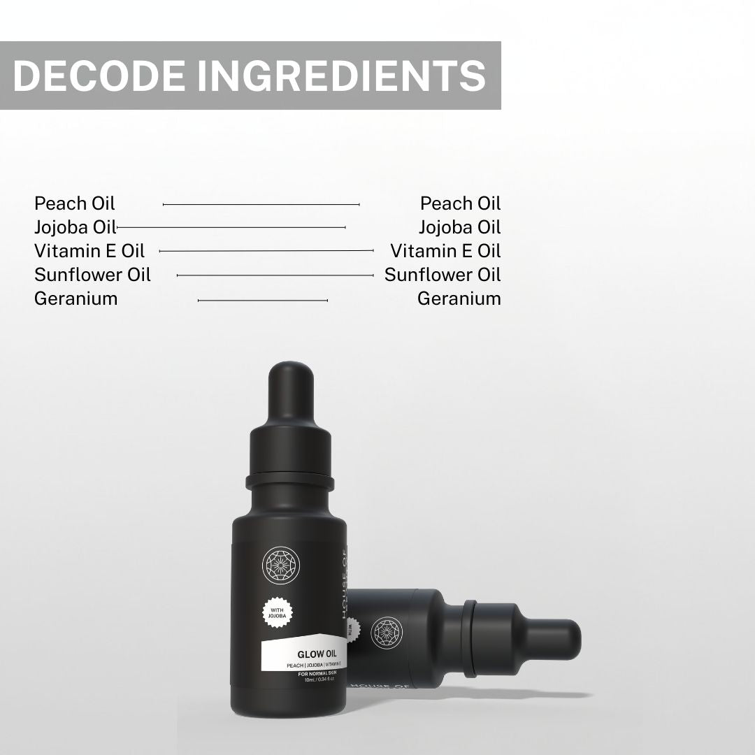 Ingredients of House of Beauty glow face oil including peach oil, jojoba oil, vitamin E, sunflower oil and geranium for skin nourishment.