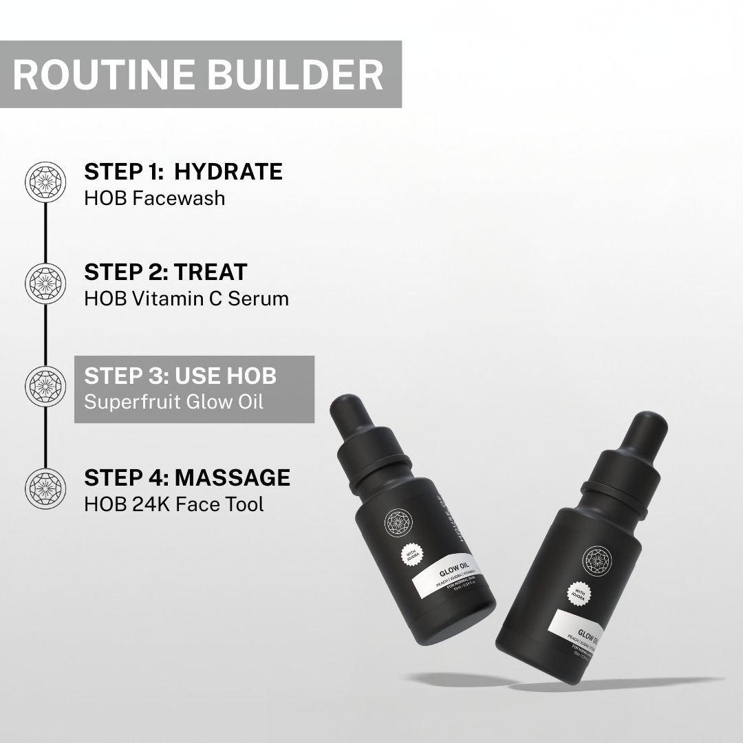 Daily skincare routine using House of Beauty glow face oil after vitamin C serum and before facial massage for healthy glowing skin.