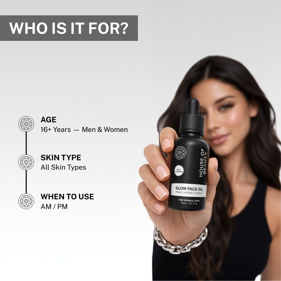 Woman holding House of Beauty glow face oil suitable for men and women aged 16 plus for AM and PM skincare routine.