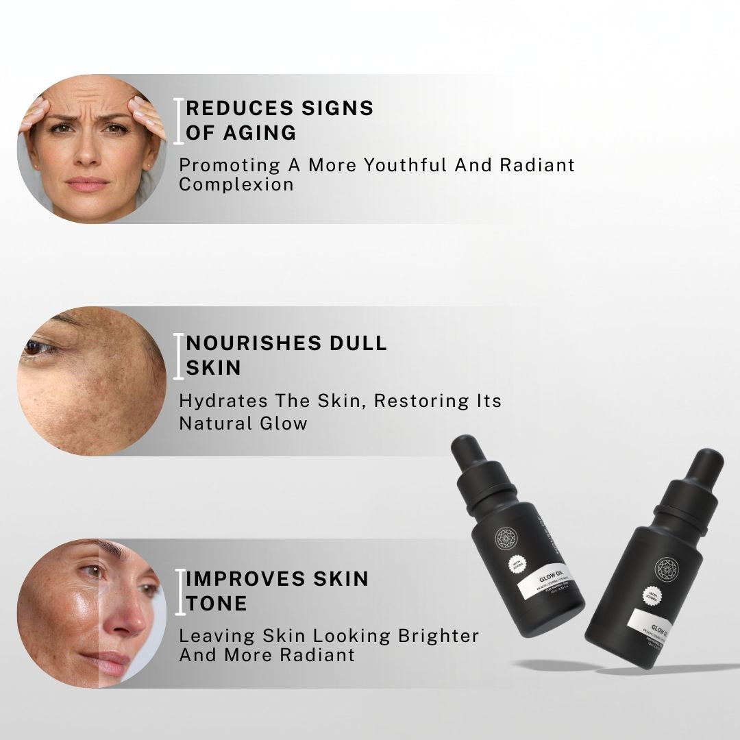 Glow face oil helping reduce signs of aging, nourish dull skin and improve overall skin tone for radiant healthy skin.