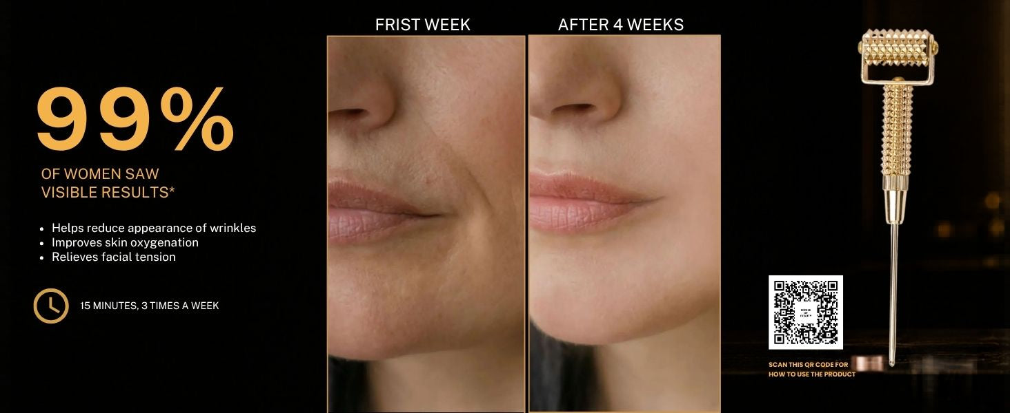 Before and after results of the House of Beauty Gold Collagen Face Roller showing smoother-looking skin, reduced appearance of fine lines, improved skin texture, and a more radiant complexion after four weeks of use.