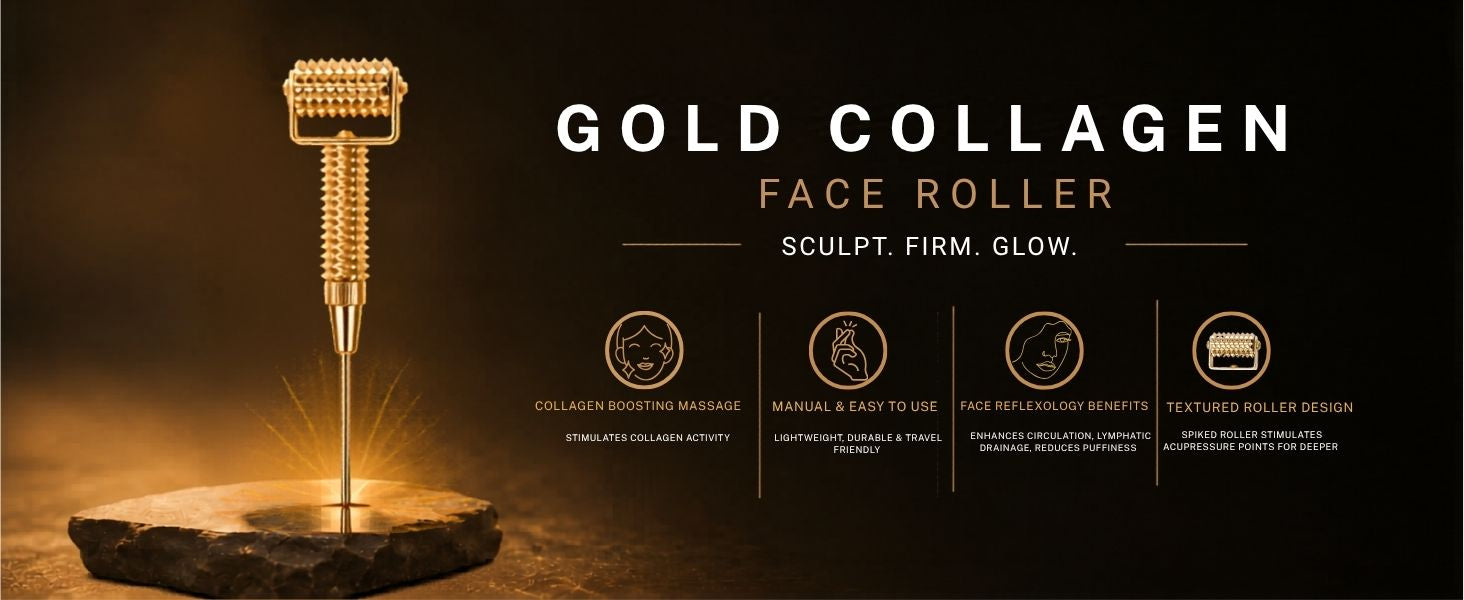 House of Beauty Gold Collagen Face Roller designed to stimulate collagen production, improve circulation, reduce puffiness, and support facial sculpting. Textured facial massage roller for glowing, youthful-looking skin.
