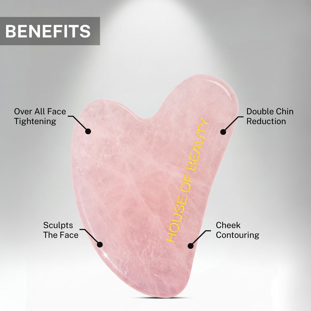 rose quartz gua sha tool showing benefits like face tightening cheek contouring and double chin reduction