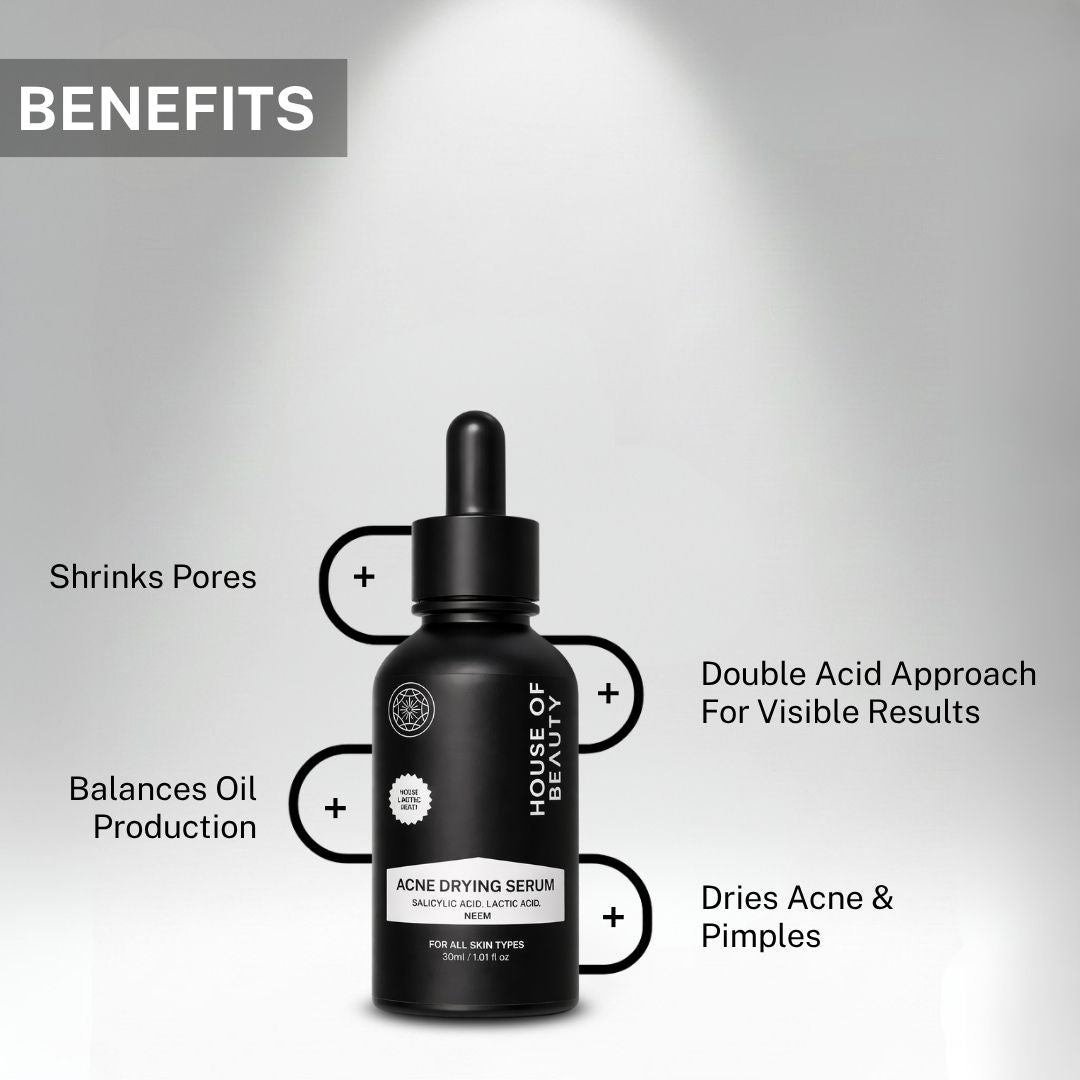  House of Beauty Acne Drying Serum benefits infographic – shrinks pores, balances oil production, double acid approach for visible results, dries acne and pimples
