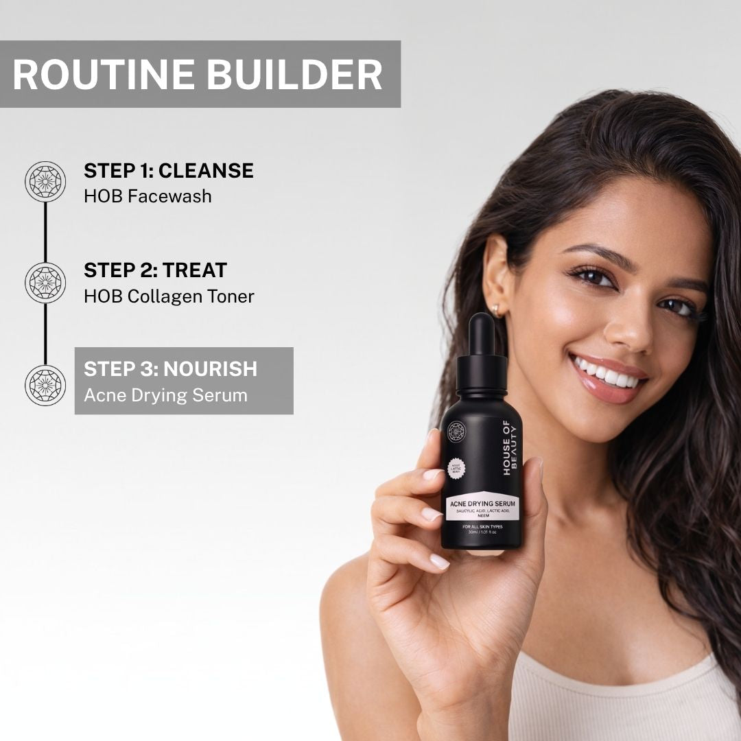 House of Beauty Acne Drying Serum held by smiling woman – Step 3 Nourish in a 3-step skincare routine with HOB Facewash and Collagen Toner