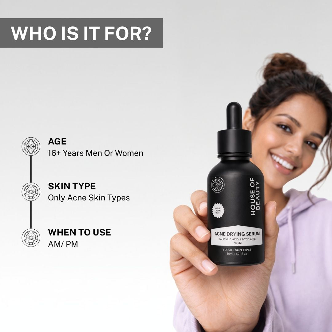 House of Beauty Acne Drying Serum held by smiling woman – suitable for ages 16+, acne skin types, use AM and PM