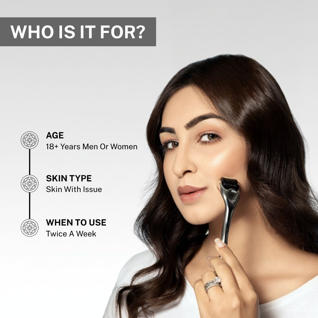 Woman using House of Beauty Derma Roller 0.5mm on cheek showing product is for age 18+ men and women, skin with issue, to be used twice a week