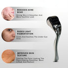House of Beauty Derma Roller 0.5mm problem solution infographic showing reduction of acne scars for smoother more youthful look, fading light pigmentation by cooling and soothing under-eye area, and improving skin texture leaving face smoother more lifted and radiant