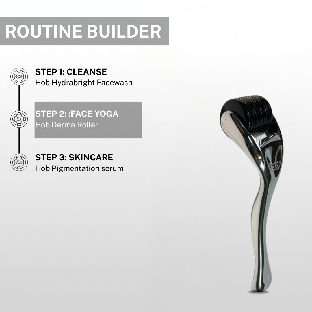 Skincare routine builder showing HOB Derma Roller 0.5mm as Step 2 Face Yoga after HOB HydraBright Facewash Step 1 Cleanse followed by HOB Pigmentation Serum Step 3 Skincare
