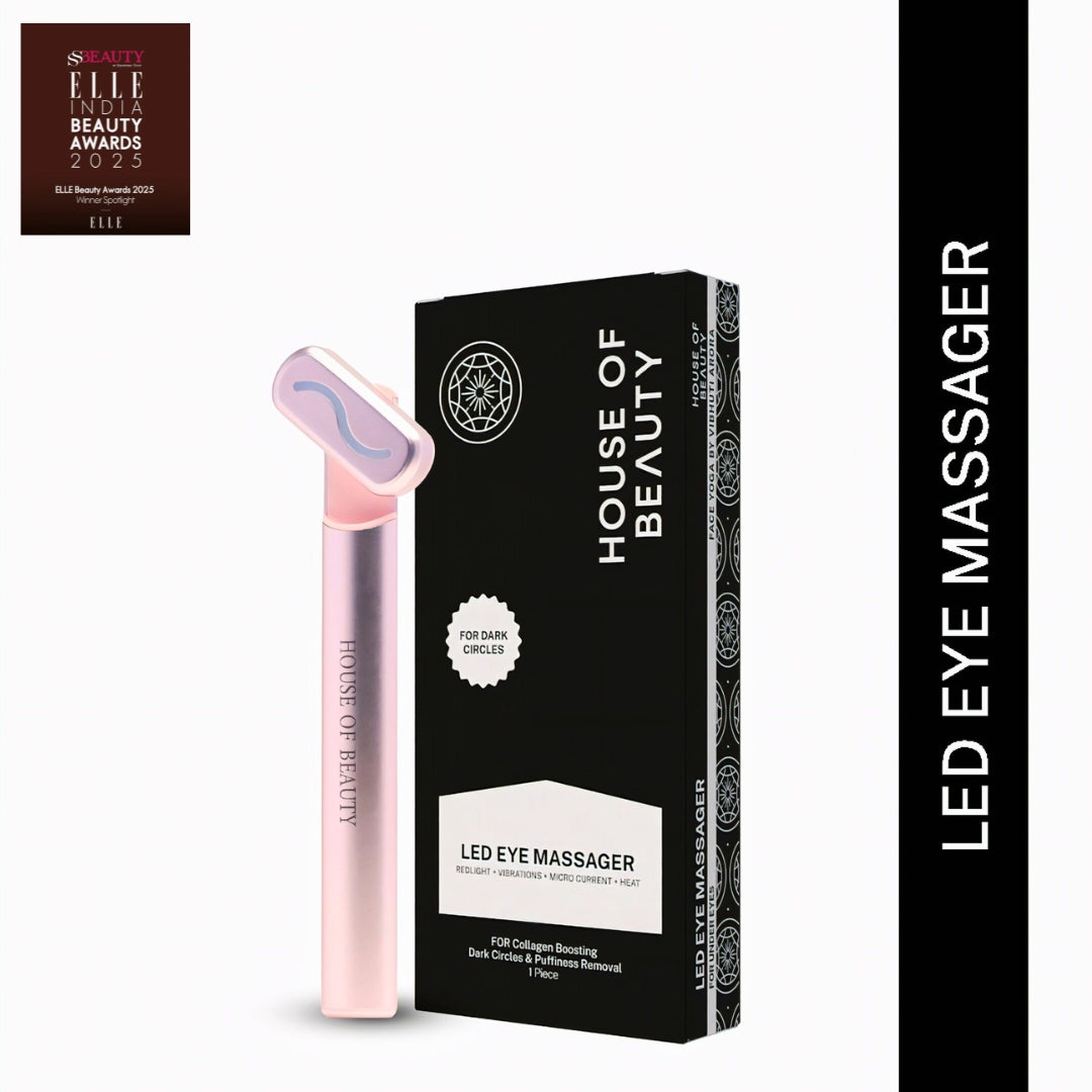 House of Beauty Electric Red Light LED Eye Massager, featuring red light therapy, heat therapy, sonic vibrations, and microcurrents, designed for reducing puffiness, dark circles, and enhancing collagen boosting